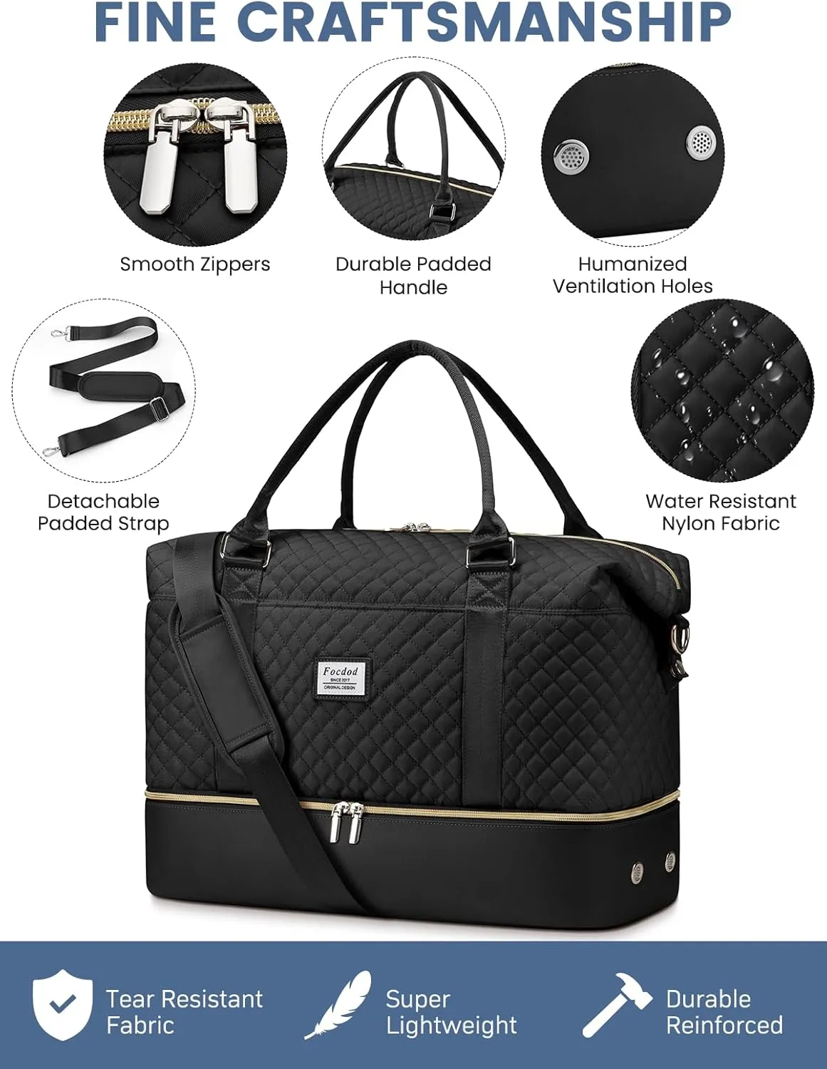 Travel Weekender Duffle Bags for Women: Overnight Bags with Shoe Compartment Large Carry on Weekend Bag with Toiletry & Wet Pocket Tote Duffel Bag Hospital Bag for Women Labor Delivery Black Brown