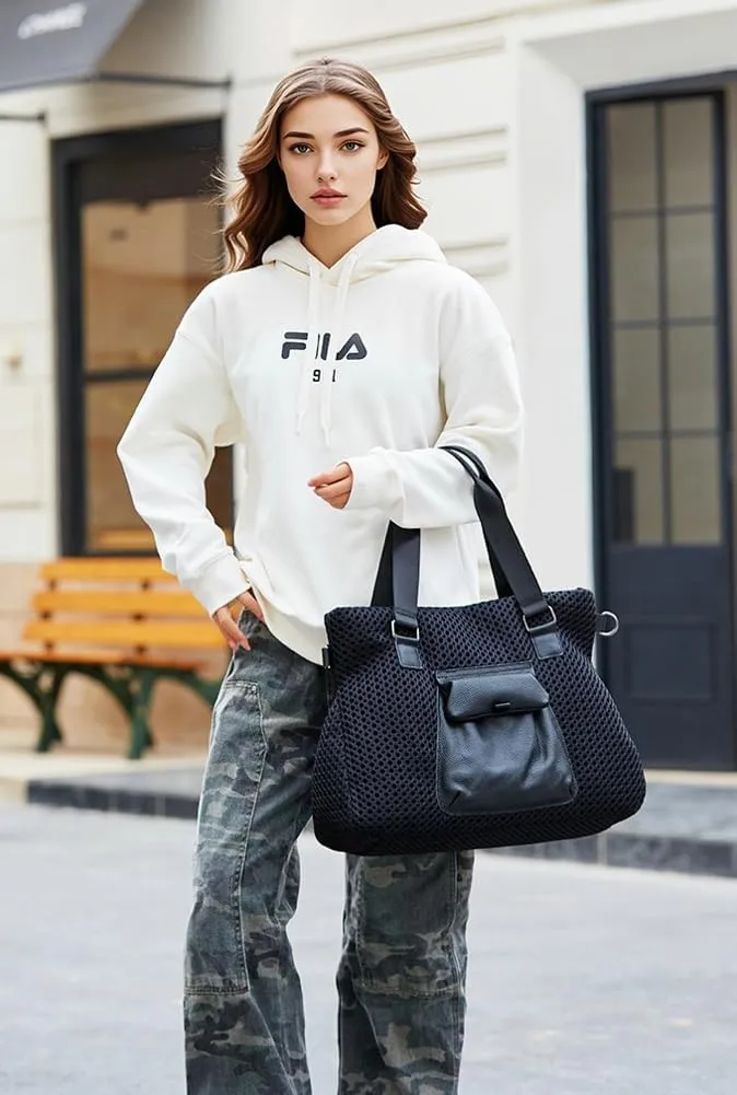 Trendy Mesh Duffle Bag for Travel Women Large Lightweight Shoulder Bags Tote Handbags Satchel Multi Pockets 2025