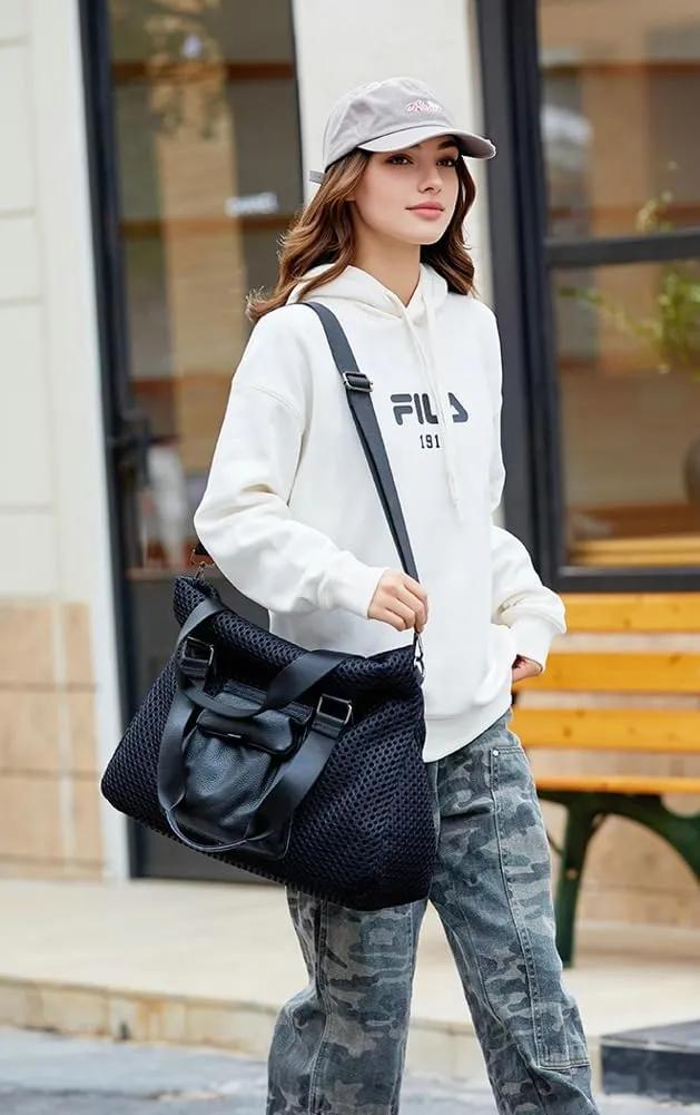 Trendy Mesh Duffle Bag for Travel Women Large Lightweight Shoulder Bags Tote Handbags Satchel Multi Pockets 2025