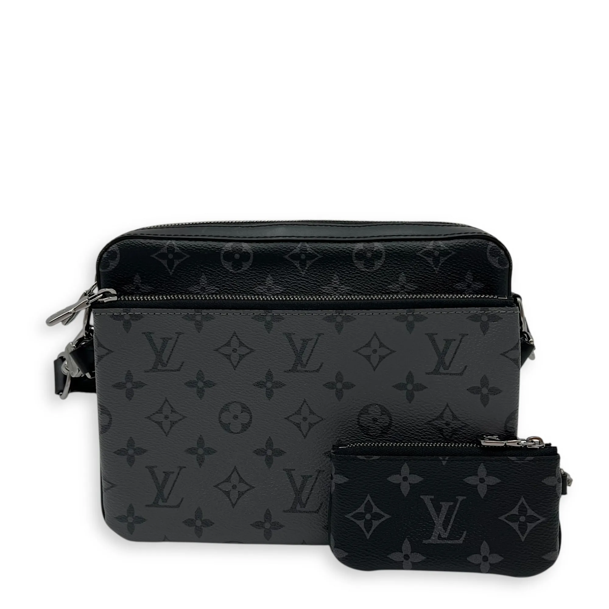 Trio Messenger Black in Monogram Coated Canvas, Silver hardware