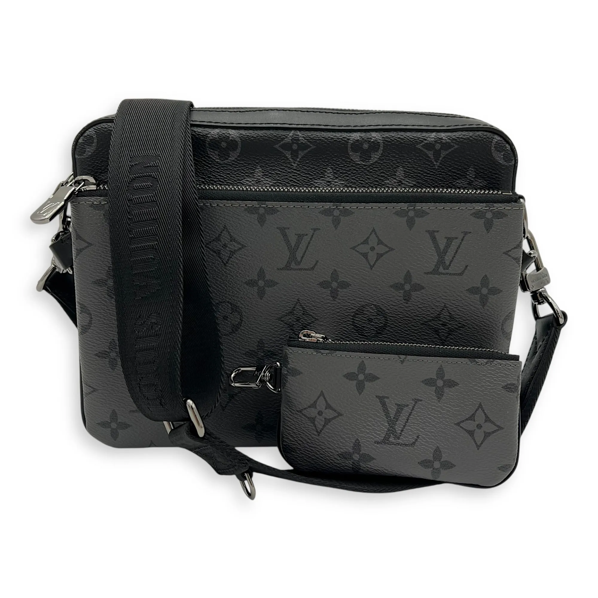 Trio Messenger Black in Monogram Coated Canvas, Silver hardware