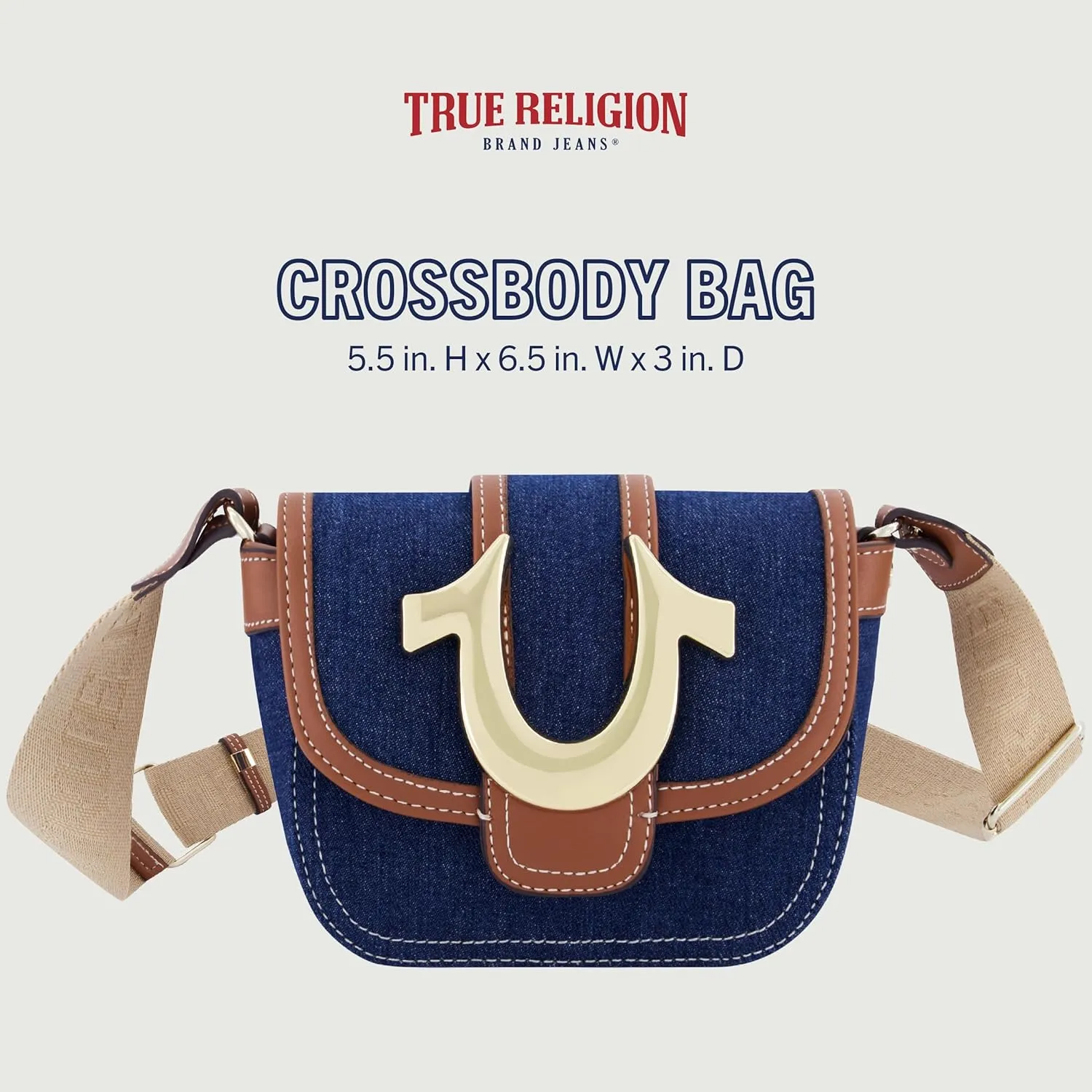 True Religion Women's Crossbody Bag, Denim Mini Flap Adjustable Shoulder Handbag with Horseshoe Logo