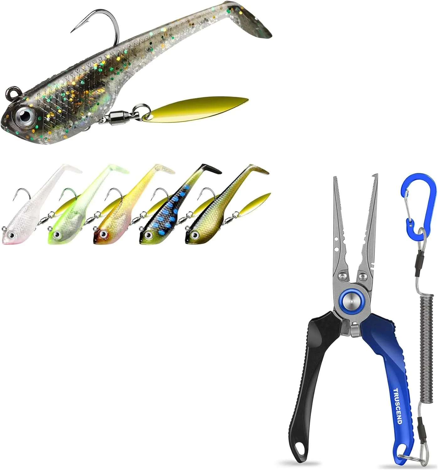 TRUSCEND Pre-Rigged Soft Fishing Lures, Well-Made Easy Catching Lures for Family Fishing, Lockable Handy Fishing Pliers with Innovative Ergonomic Handle, Amazing Fishing Gear Gifts