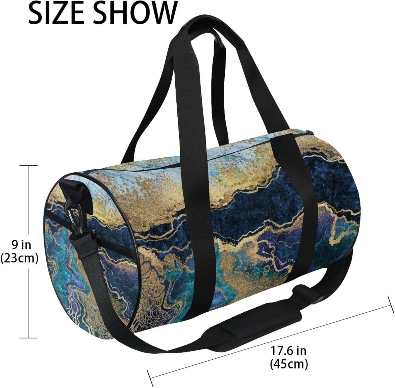 Turquoise Marble with Gold Veins Stone Golden Foils Glitter Duffel Bag, Foldable Canvas Travel Tote for Gym Sports with Inner Pockets, Durable Lightweight Fitness Bag for Overnight Workout