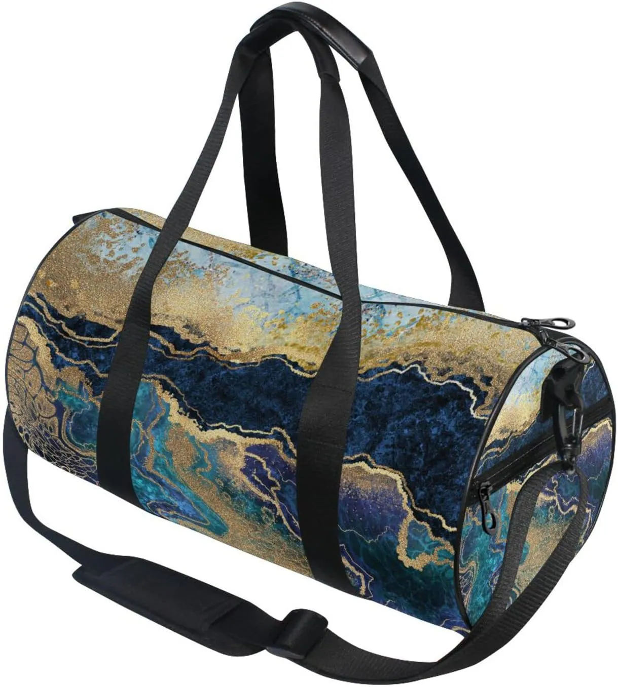 Turquoise Marble with Gold Veins Stone Golden Foils Glitter Duffel Bag, Foldable Canvas Travel Tote for Gym Sports with Inner Pockets, Durable Lightweight Fitness Bag for Overnight Workout