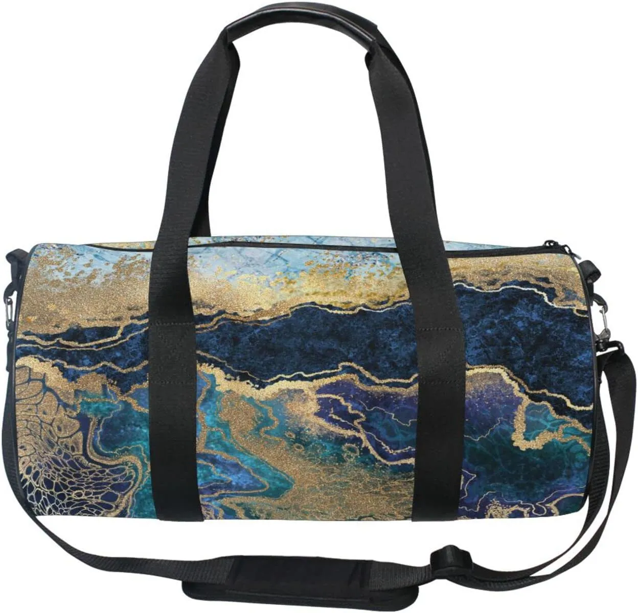 Turquoise Marble with Gold Veins Stone Golden Foils Glitter Duffel Bag, Foldable Canvas Travel Tote for Gym Sports with Inner Pockets, Durable Lightweight Fitness Bag for Overnight Workout