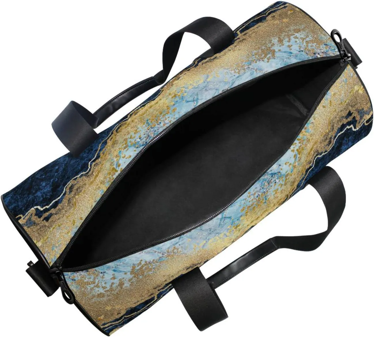 Turquoise Marble with Gold Veins Stone Golden Foils Glitter Duffel Bag, Foldable Canvas Travel Tote for Gym Sports with Inner Pockets, Durable Lightweight Fitness Bag for Overnight Workout