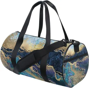 Turquoise Marble with Gold Veins Stone Golden Foils Glitter Duffel Bag, Foldable Canvas Travel Tote for Gym Sports with Inner Pockets, Durable Lightweight Fitness Bag for Overnight Workout