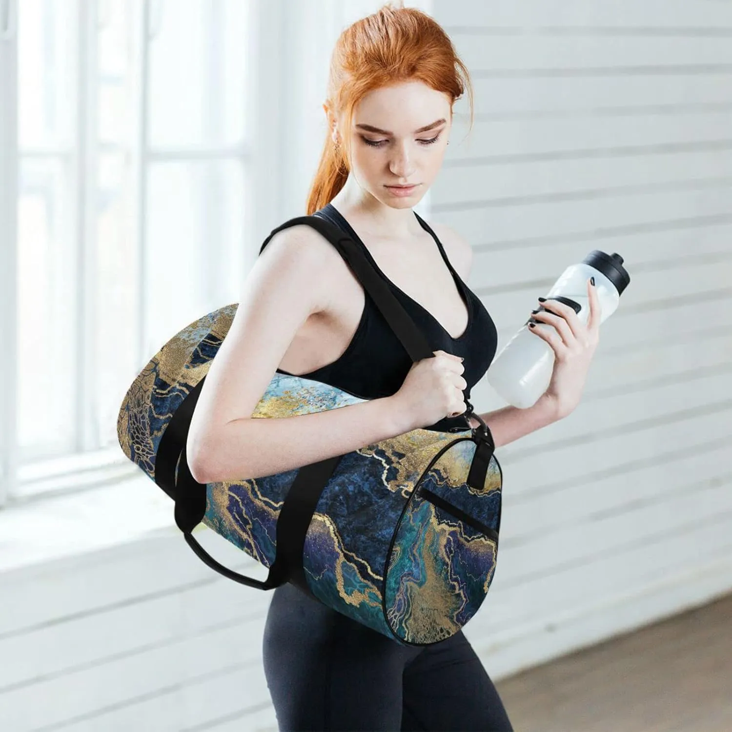 Turquoise Marble with Gold Veins Stone Golden Foils Glitter Duffel Bag, Foldable Canvas Travel Tote for Gym Sports with Inner Pockets, Durable Lightweight Fitness Bag for Overnight Workout
