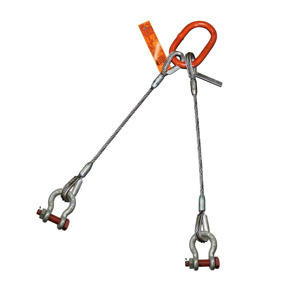 Two Leg Wire Rope Sling | 1.1 Ton Vertical Rated Capacity | Thimble-to-Bolt Anchor Shackle | 1/4" Dia. | 3' Length | EIPS 6x25 IWRC | Hanes Supply (HSI) Heavy Duty Rigging Cable
