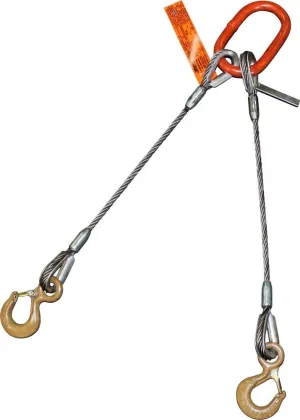Two Leg Wire Rope Sling | 63 Ton Vertical Rated | Eye Hooks with Safety Latches | 2" Dia. | 16' Length | EIPS 6x37 IWRC | Hanes Supply (HSI) Heavy Duty Rigging Cable for Lifting and Towing