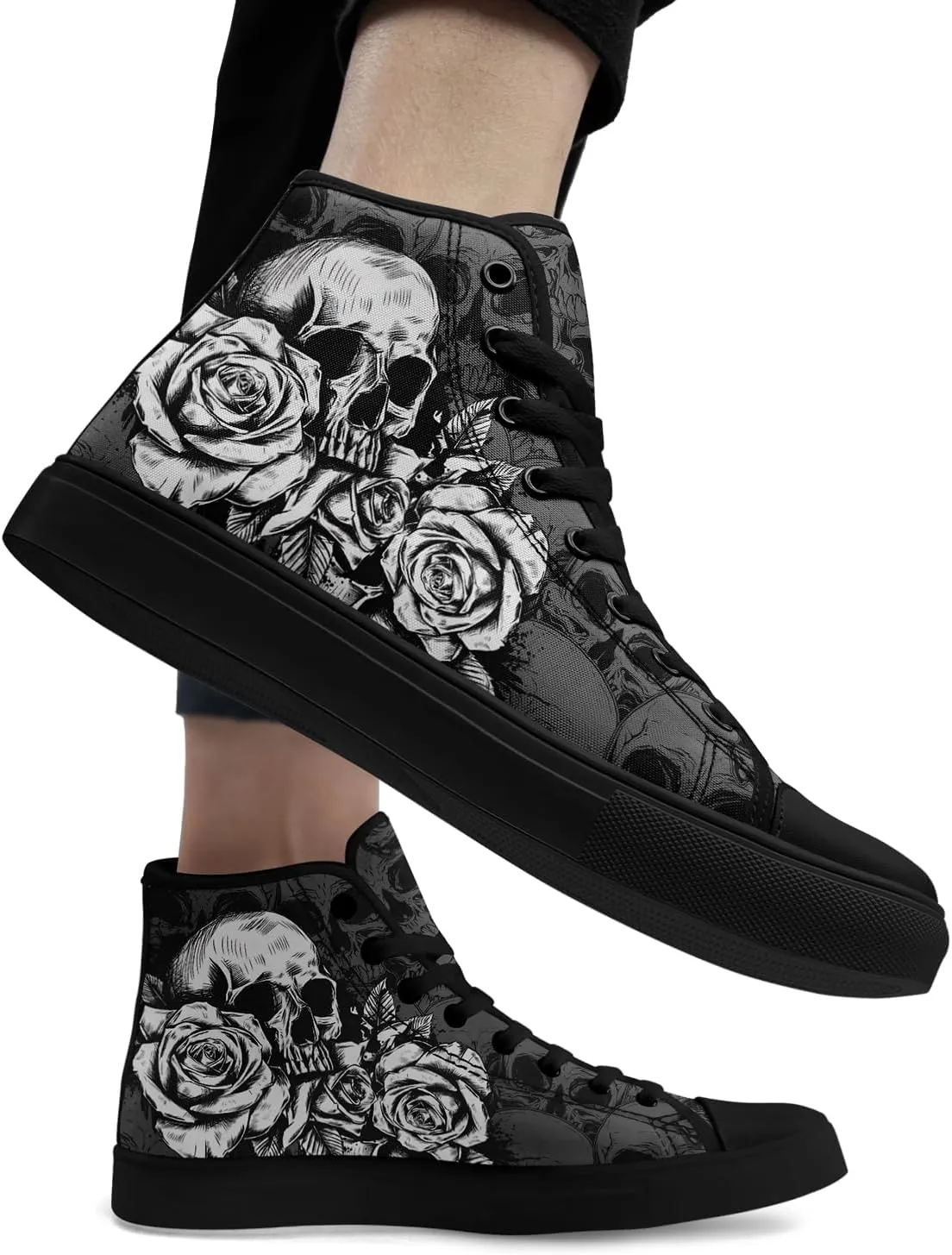 Unisex Skull High Tops for Women Cool Design Black Canvas Shoes Classic Lace Up Fashion Sneakers Streetwear