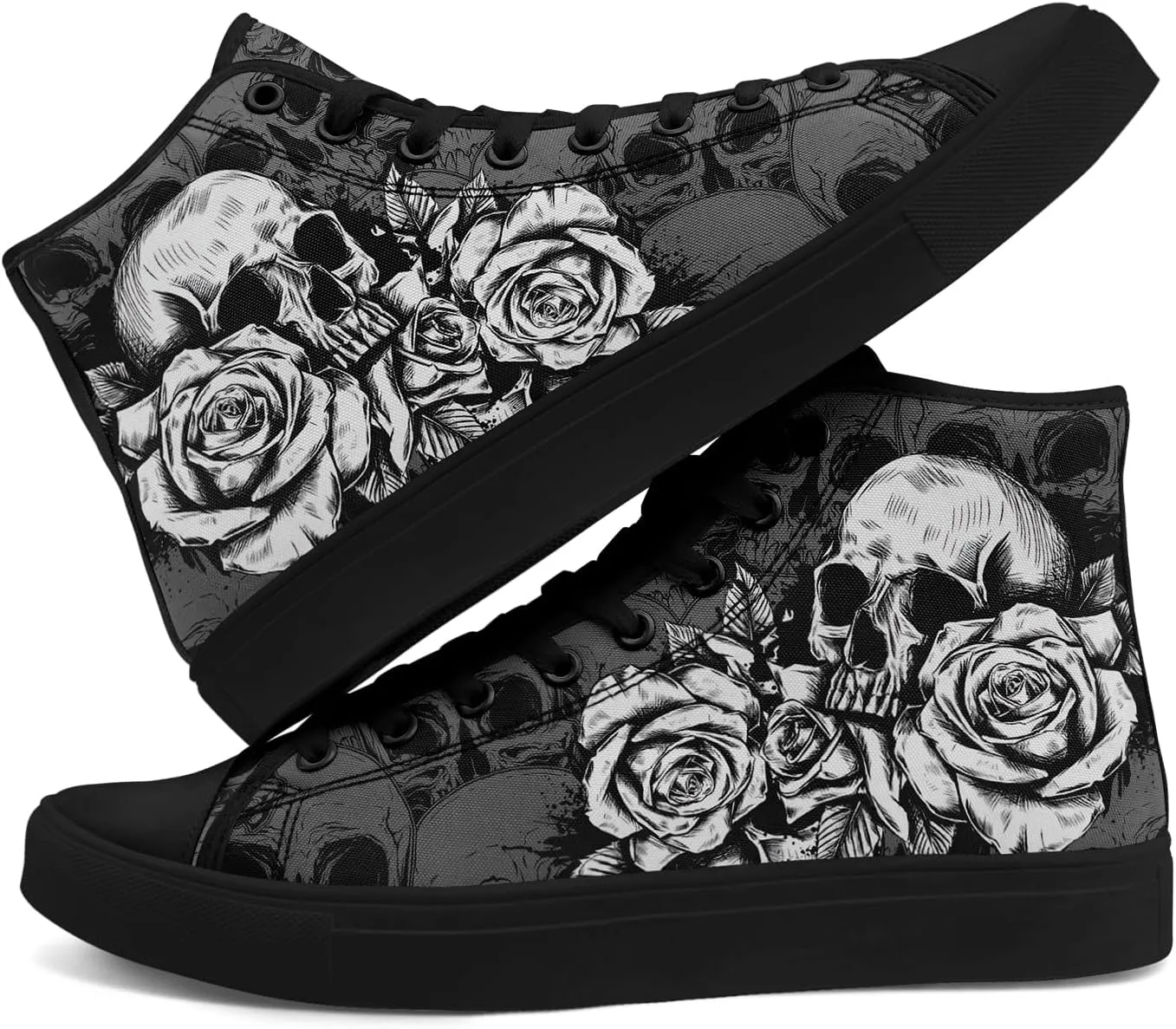Unisex Skull High Tops for Women Cool Design Black Canvas Shoes Classic Lace Up Fashion Sneakers Streetwear