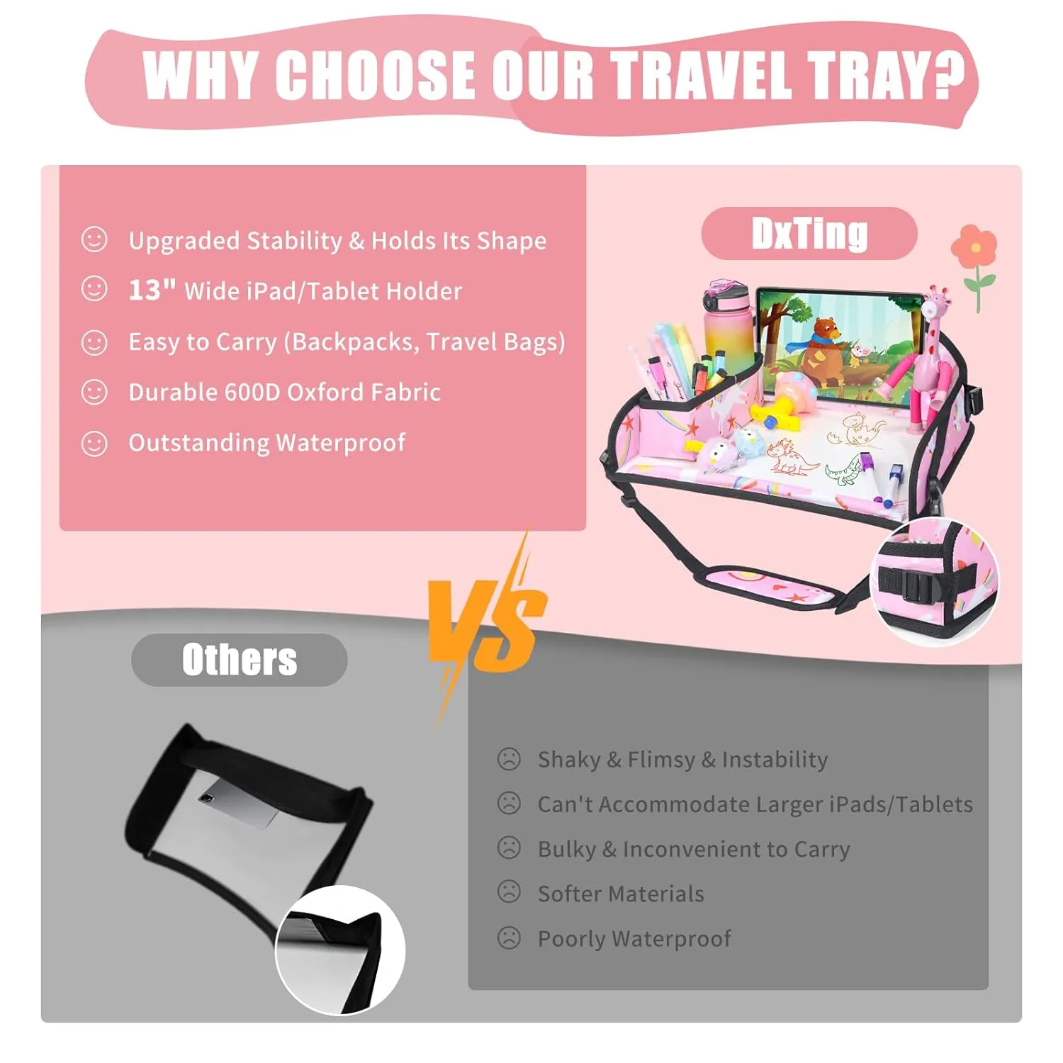 Upgraded Kids Travel Tray for Car Seat - Travel Tray for Car Airplane, Kids Car Seat Table Tray, Toddler Car Seat Lap Tray, Carseat Lap Desk for Kids Road Trip Activities, Pink Unicorn