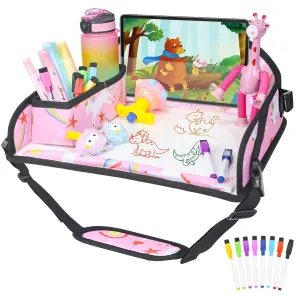 Upgraded Kids Travel Tray for Car Seat - Travel Tray for Car Airplane, Kids Car Seat Table Tray, Toddler Car Seat Lap Tray, Carseat Lap Desk for Kids Road Trip Activities, Pink Unicorn
