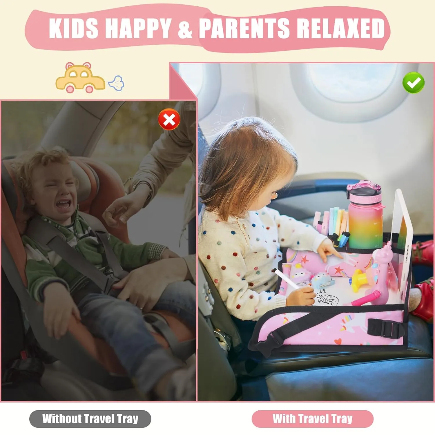 Upgraded Kids Travel Tray for Car Seat - Travel Tray for Car Airplane, Kids Car Seat Table Tray, Toddler Car Seat Lap Tray, Carseat Lap Desk for Kids Road Trip Activities, Pink Unicorn