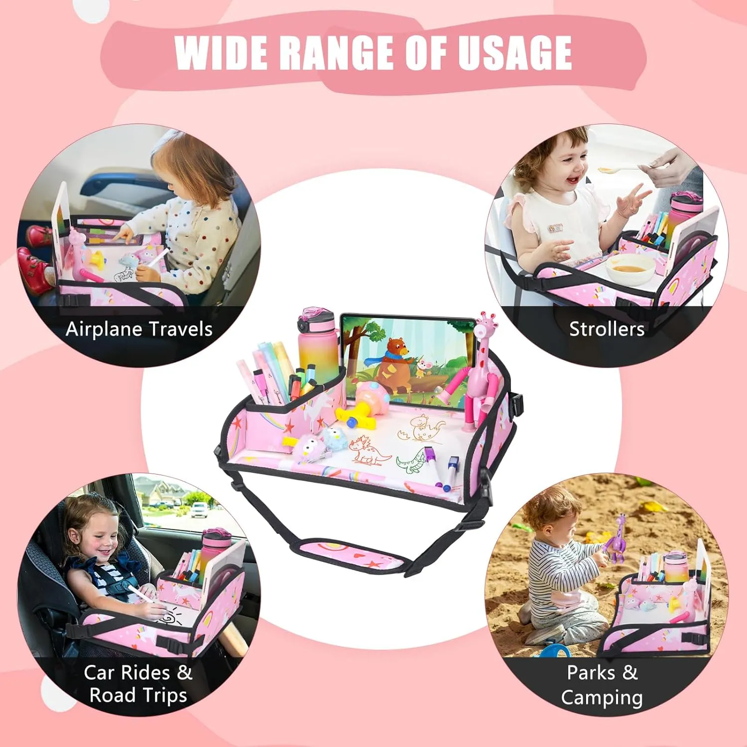 Upgraded Kids Travel Tray for Car Seat - Travel Tray for Car Airplane, Kids Car Seat Table Tray, Toddler Car Seat Lap Tray, Carseat Lap Desk for Kids Road Trip Activities, Pink Unicorn