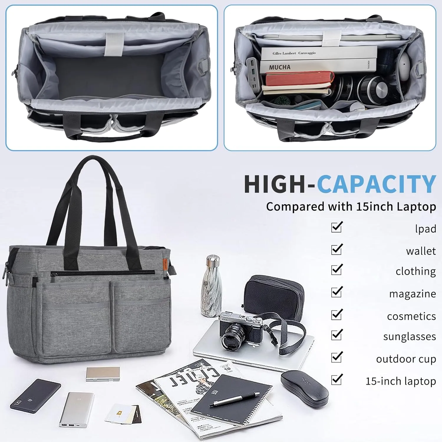 Utility Tote Bag for Women, Multi Pockets Shoulder Bag with Zipper, Laptop Handbag for Teacher, Working Women, Nurses