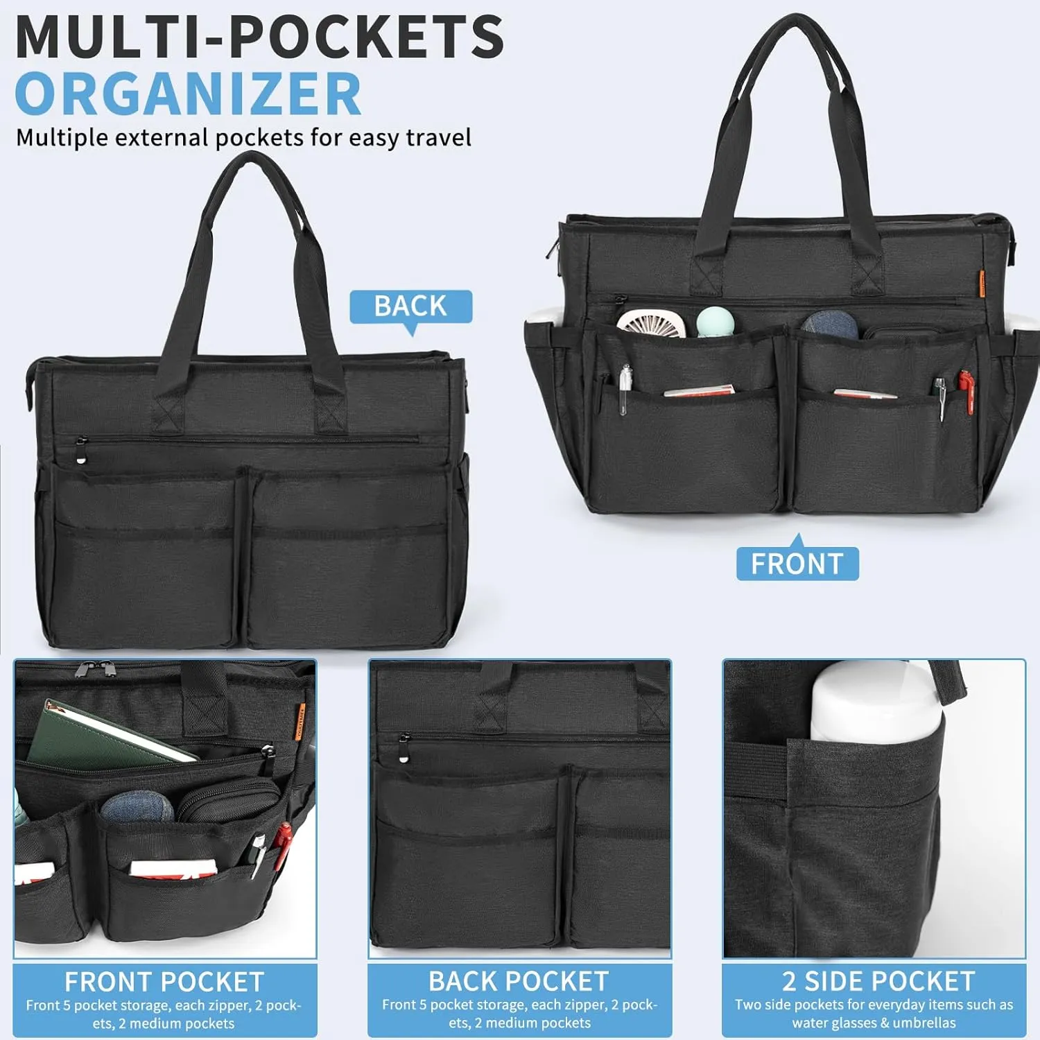 Utility Tote Bag for Women, Multi Pockets Shoulder Bag with Zipper, Laptop Handbag for Teacher, Working Women, Nurses