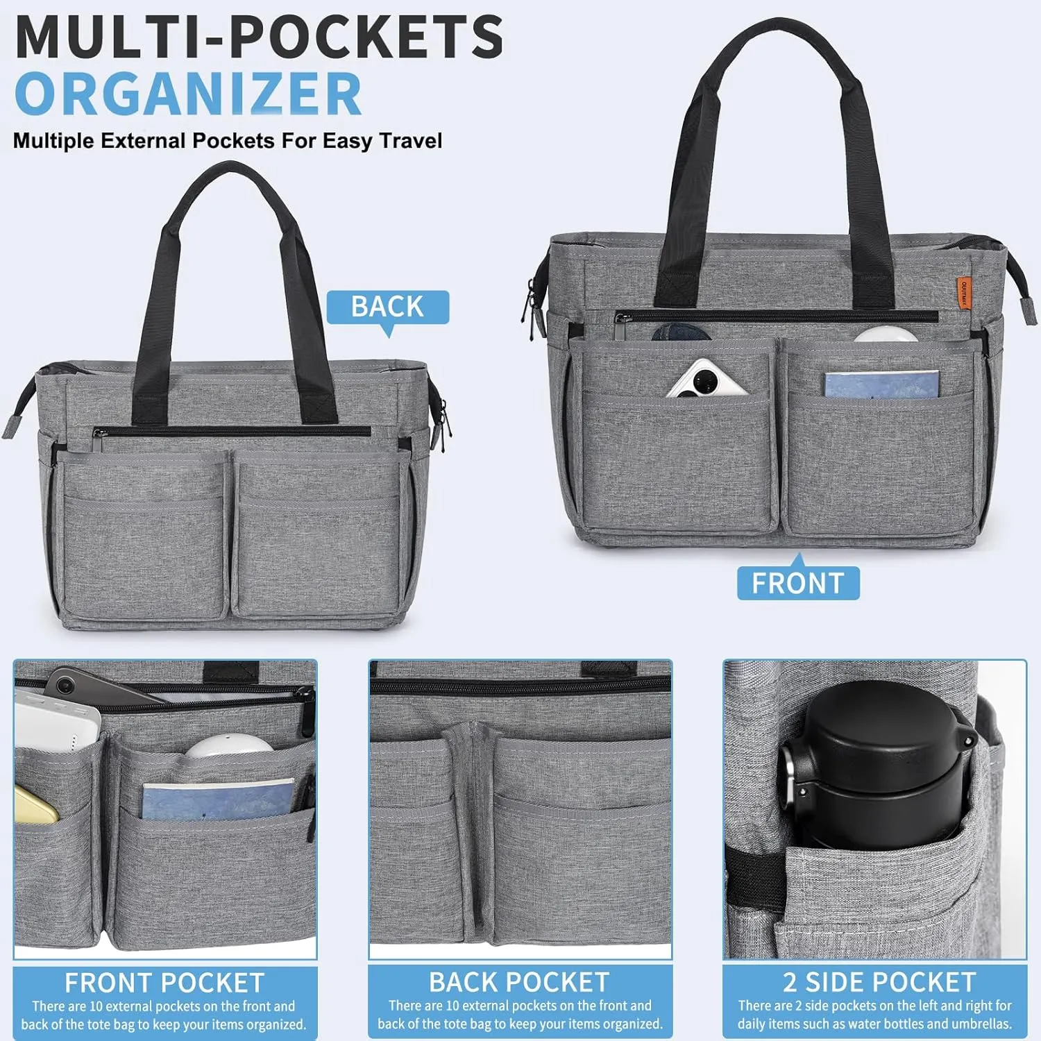 Utility Tote Bag for Women, Multi Pockets Shoulder Bag with Zipper, Laptop Handbag for Teacher, Working Women, Nurses