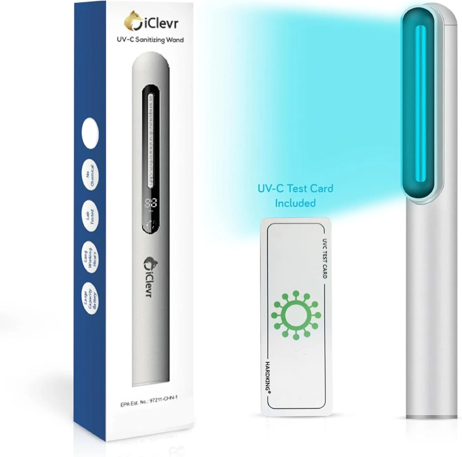 UV-C Light Sanitizer Wand - Powerful 253nm UV Light Rechargeable Handheld Ultraviolet Portable for Home, Office, Travel - Total Transparency UVC Test Card Included