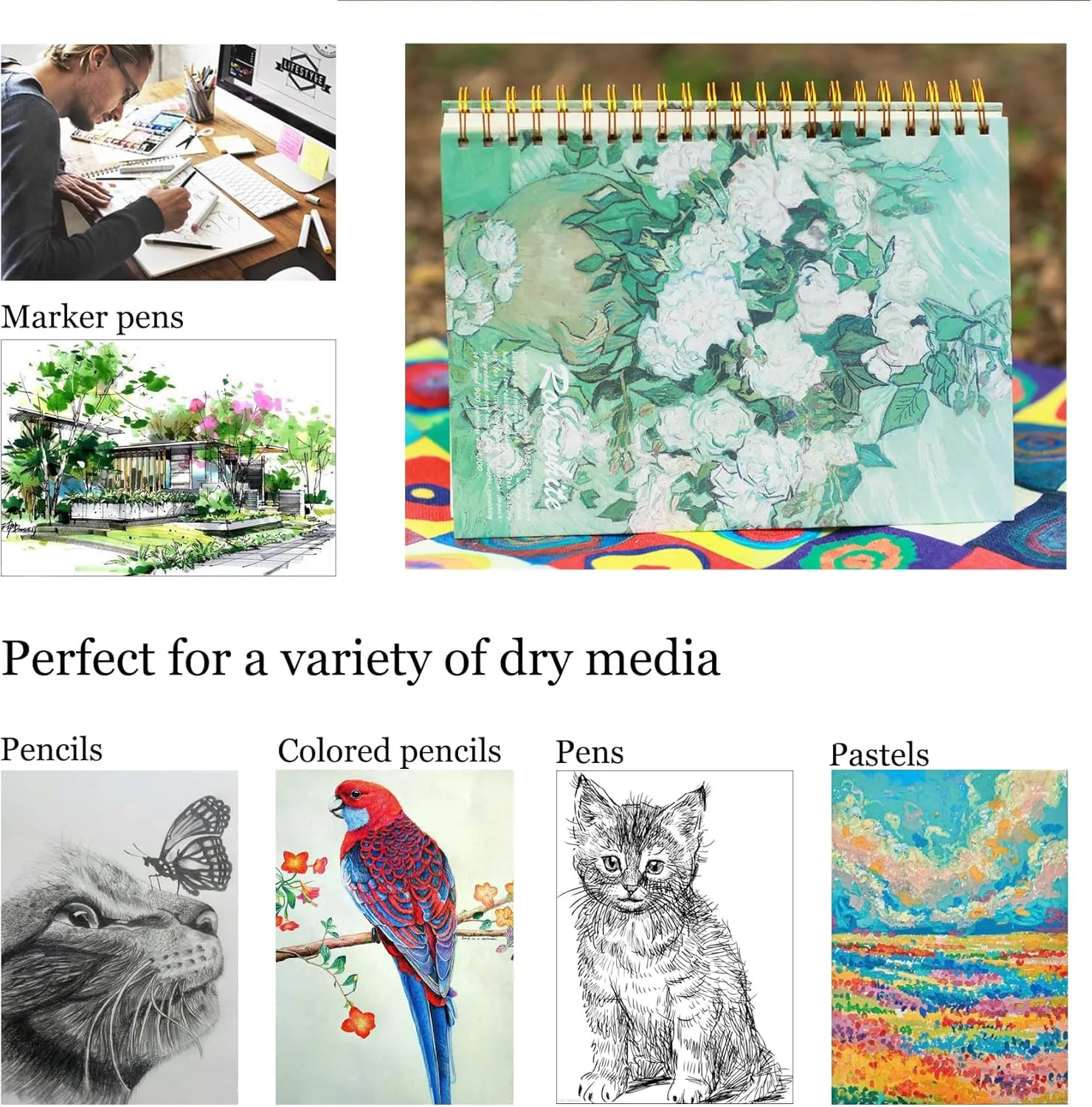 Van Gogh Mixed Media A4 Sketch Book, Spiral Bound Sketch Pad, 1 Pack 60Sheets (98lb/160gsm), Acid Free Art Sketchbook Sketching Drawing Painting Thick Paper for Kids Adults Beginners Artists