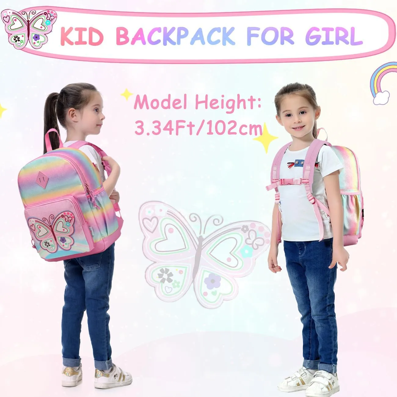 VASCHY Toddler Kids Backpacks Girls, Cute Water Resistant Giltter Rainbow Butterfly Daycare Bags for Preschool Kindergarten,Rucksack School bag Bookbag for Children