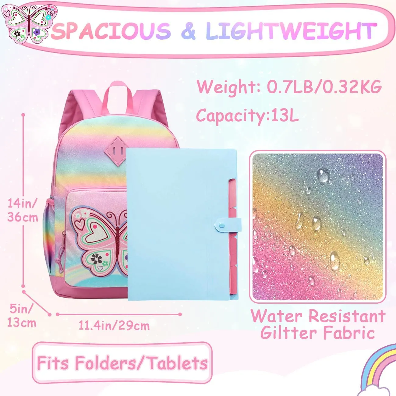 VASCHY Toddler Kids Backpacks Girls, Cute Water Resistant Giltter Rainbow Butterfly Daycare Bags for Preschool Kindergarten,Rucksack School bag Bookbag for Children