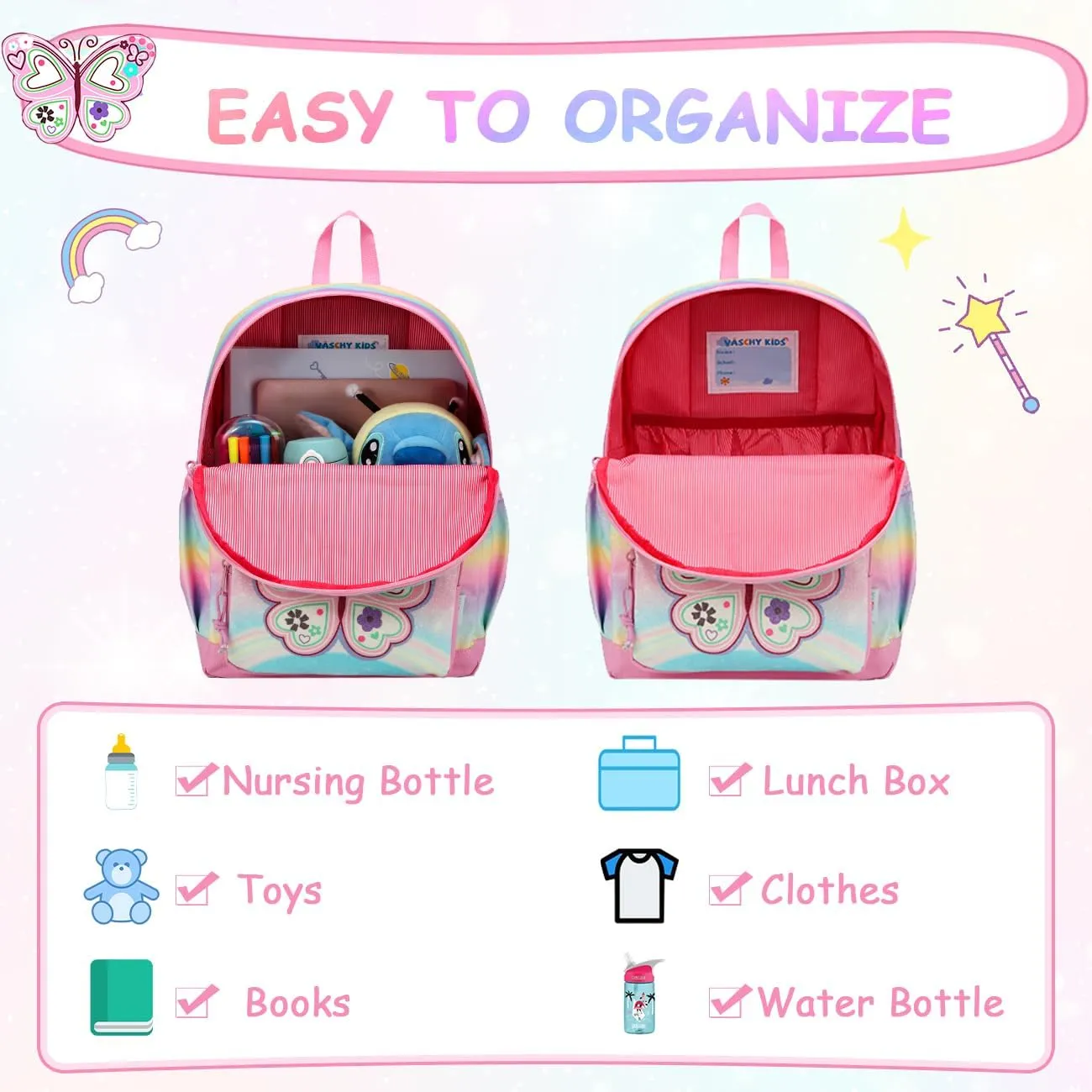 VASCHY Toddler Kids Backpacks Girls, Cute Water Resistant Giltter Rainbow Butterfly Daycare Bags for Preschool Kindergarten,Rucksack School bag Bookbag for Children