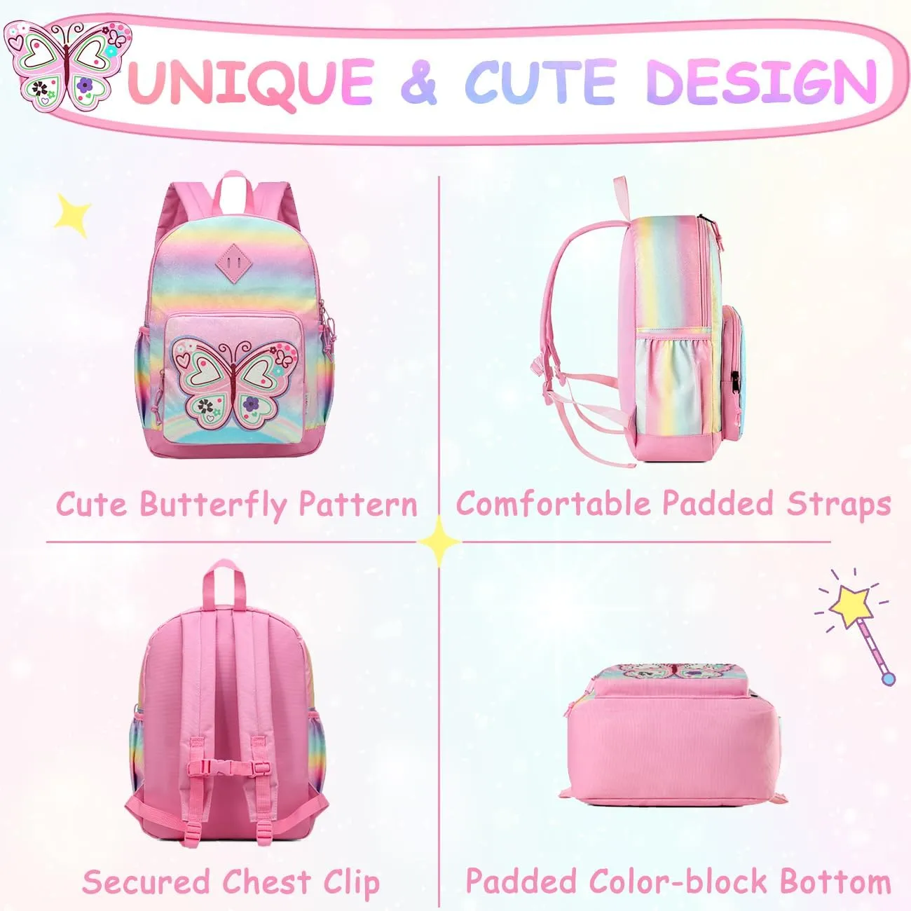 VASCHY Toddler Kids Backpacks Girls, Cute Water Resistant Giltter Rainbow Butterfly Daycare Bags for Preschool Kindergarten,Rucksack School bag Bookbag for Children