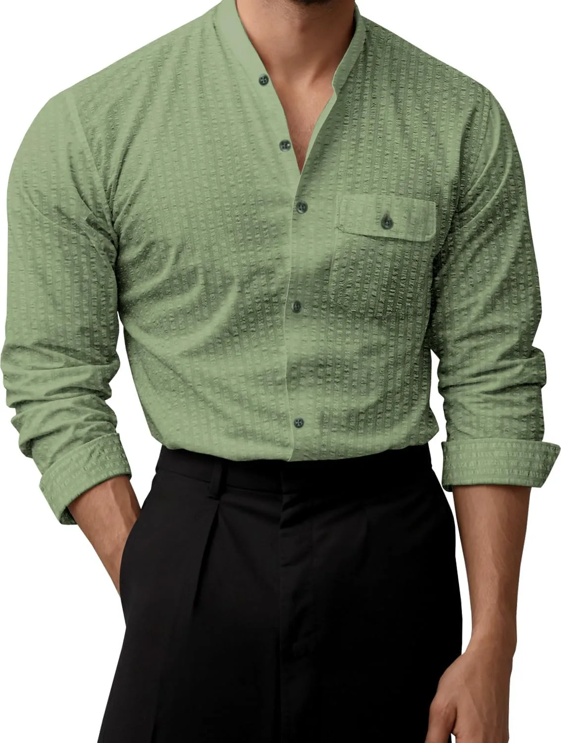 VATPAVE Men's Cotton Banded Collar Shirt Casual Button Down Long Sleeve Dress Shirts with Pocket