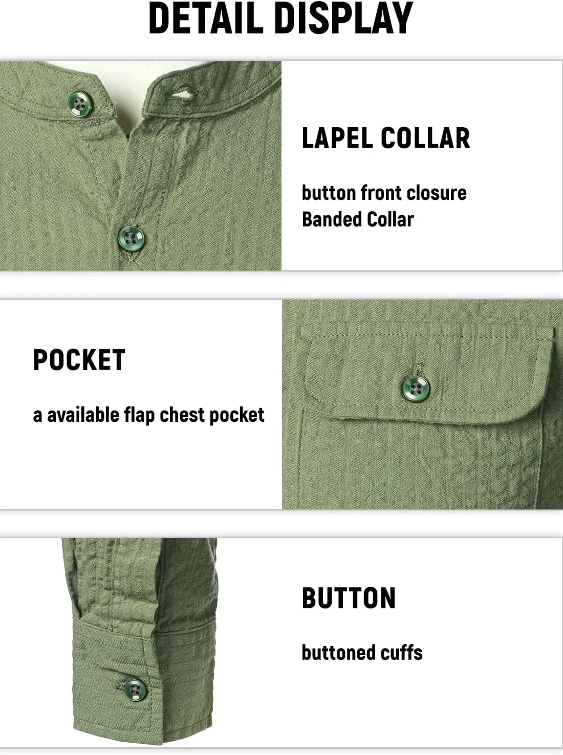 VATPAVE Men's Cotton Banded Collar Shirt Casual Button Down Long Sleeve Dress Shirts with Pocket