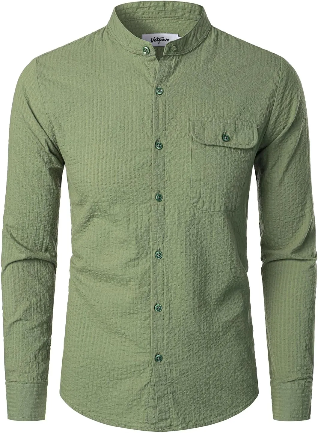 VATPAVE Men's Cotton Banded Collar Shirt Casual Button Down Long Sleeve Dress Shirts with Pocket