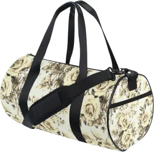 Vintage Retro Rose Flowers and Leaves Seamless on White Duffel Bag, Foldable Canvas Travel Tote for Gym Sports with Inner Pockets, Durable Lightweight Fitness Bag for Overnight Workout
