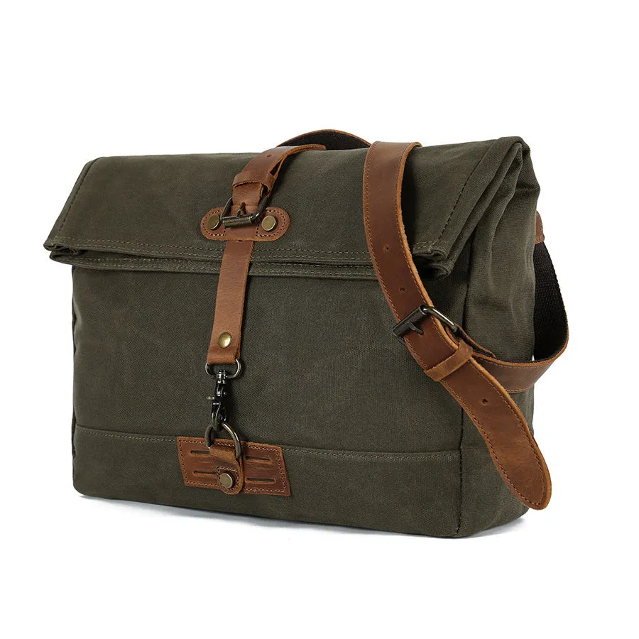 Vintage Waxed Canvas Messenger Bag with Leather Strap