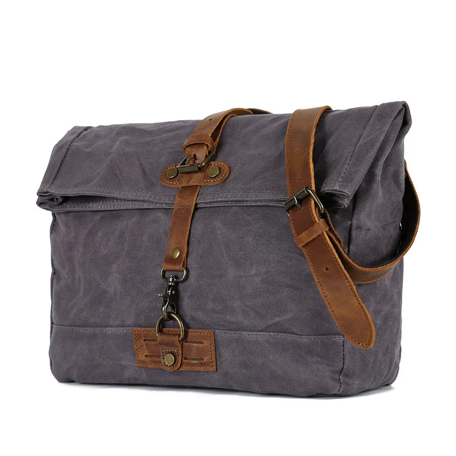 Vintage Waxed Canvas Messenger Bag with Leather Strap