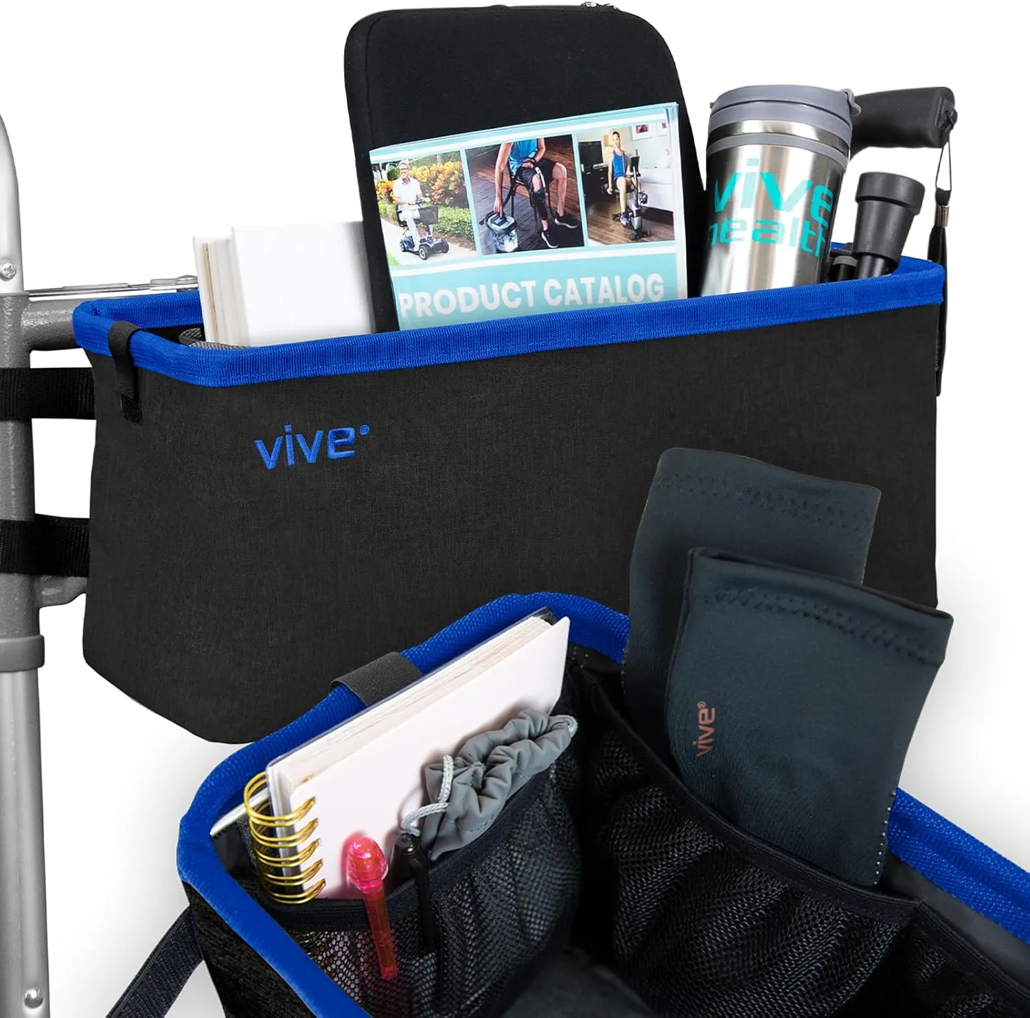Vive Walker Accessories Basket - Bag for Seniors, Large, Universal, Rolling Folding Mobility Attachment, Folding Hands-Free Storage Basket Mobility Aid Accessory Pouch for Elderly (Black and Blue)