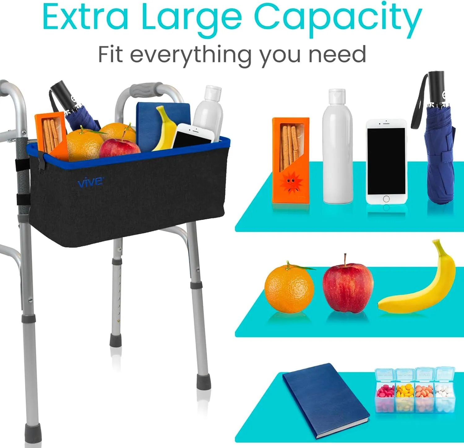 Vive Walker Accessories Basket - Bag for Seniors, Large, Universal, Rolling Folding Mobility Attachment, Folding Hands-Free Storage Basket Mobility Aid Accessory Pouch for Elderly (Black and Blue)