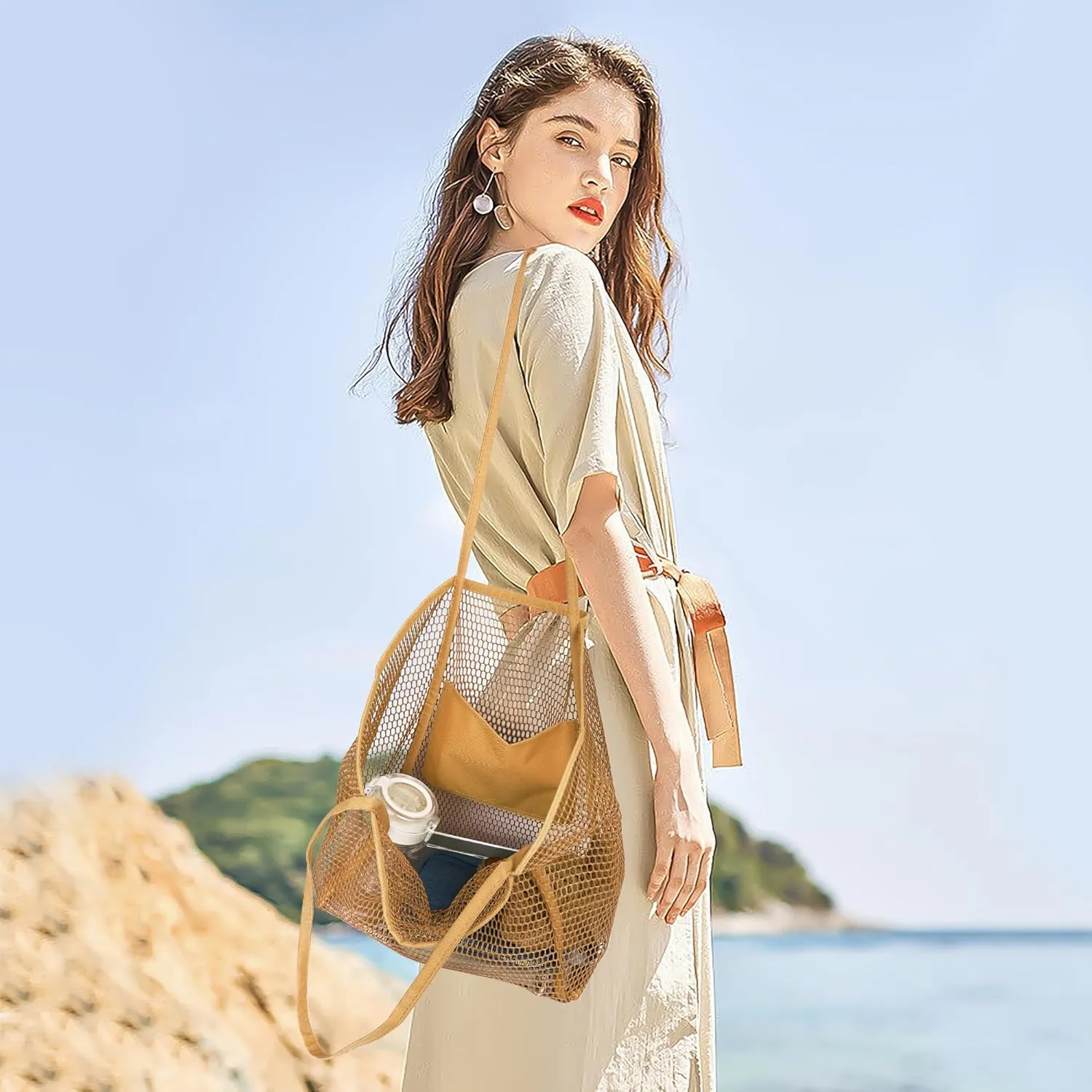 VKIOIP Women Mesh Tote Beach Bag,Shoulder Bag for Vacation，Picnic