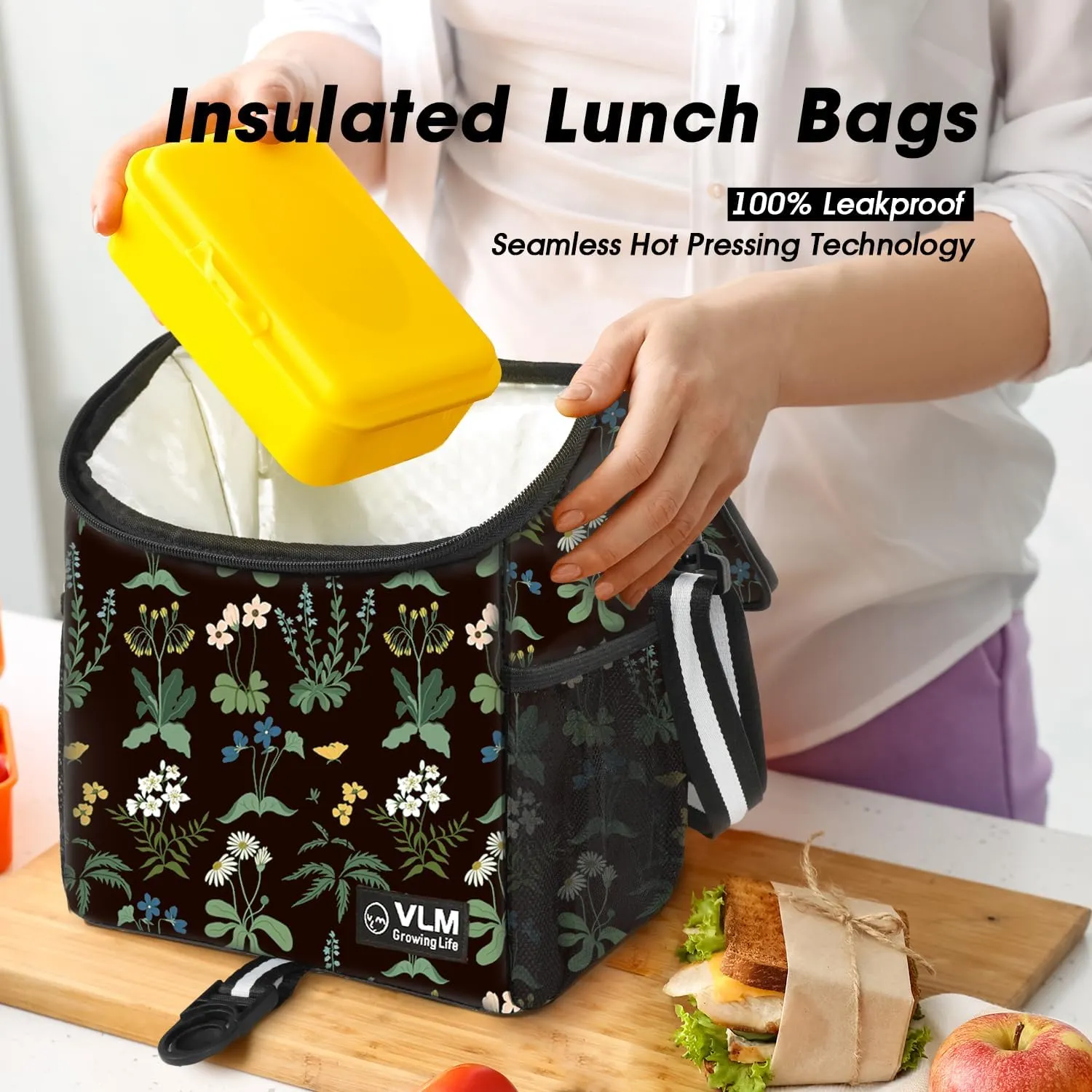 VLM Lunch Box for Women, Insulated Lunch Bag Women with Adjustable Shoulder Strap, Cute Lunch Tote Bag for Work,Picnic,Camping