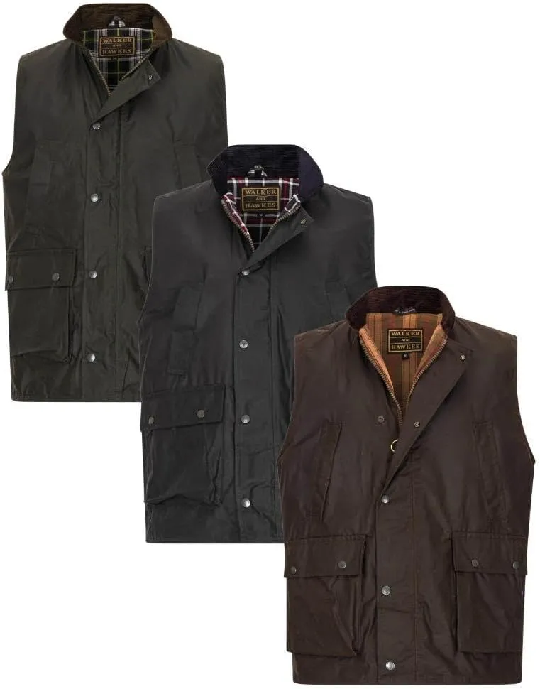 Walker and Hawkes Wax Winchester Gilet for Men – Water-Resistant Wax Cotton Bodywarmer with Corduroy Collar and Tartan Lining