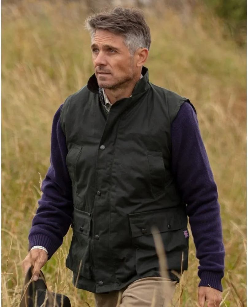 Walker and Hawkes Wax Winchester Gilet for Men – Water-Resistant Wax Cotton Bodywarmer with Corduroy Collar and Tartan Lining
