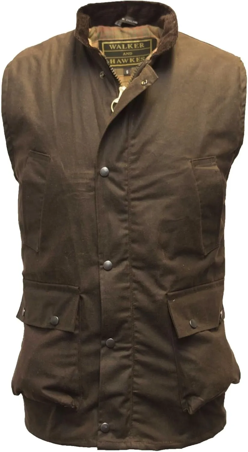 Walker and Hawkes Wax Winchester Gilet for Men – Water-Resistant Wax Cotton Bodywarmer with Corduroy Collar and Tartan Lining