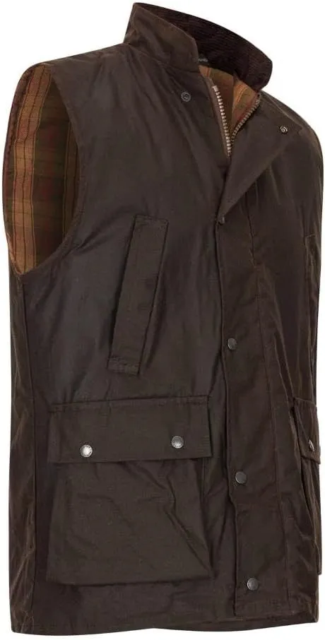 Walker and Hawkes Wax Winchester Gilet for Men – Water-Resistant Wax Cotton Bodywarmer with Corduroy Collar and Tartan Lining