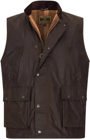 Walker and Hawkes Wax Winchester Gilet for Men – Water-Resistant Wax Cotton Bodywarmer with Corduroy Collar and Tartan Lining