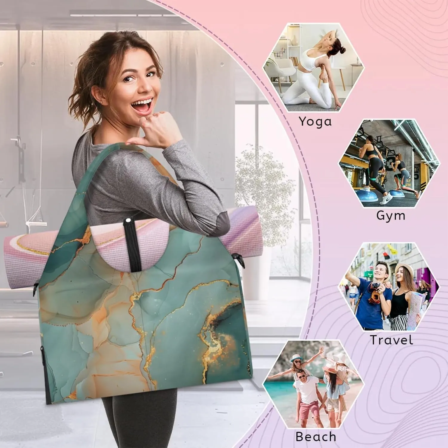 Wallpaper Marble Decor Gym Bag Yoga Mat Tote for Women with Shoes Compartment Lightweight Duffle Travel Carrier Wet Dry Storage Pockets Adjustable Pilates Mats Shoulder Bags for Sport Swim