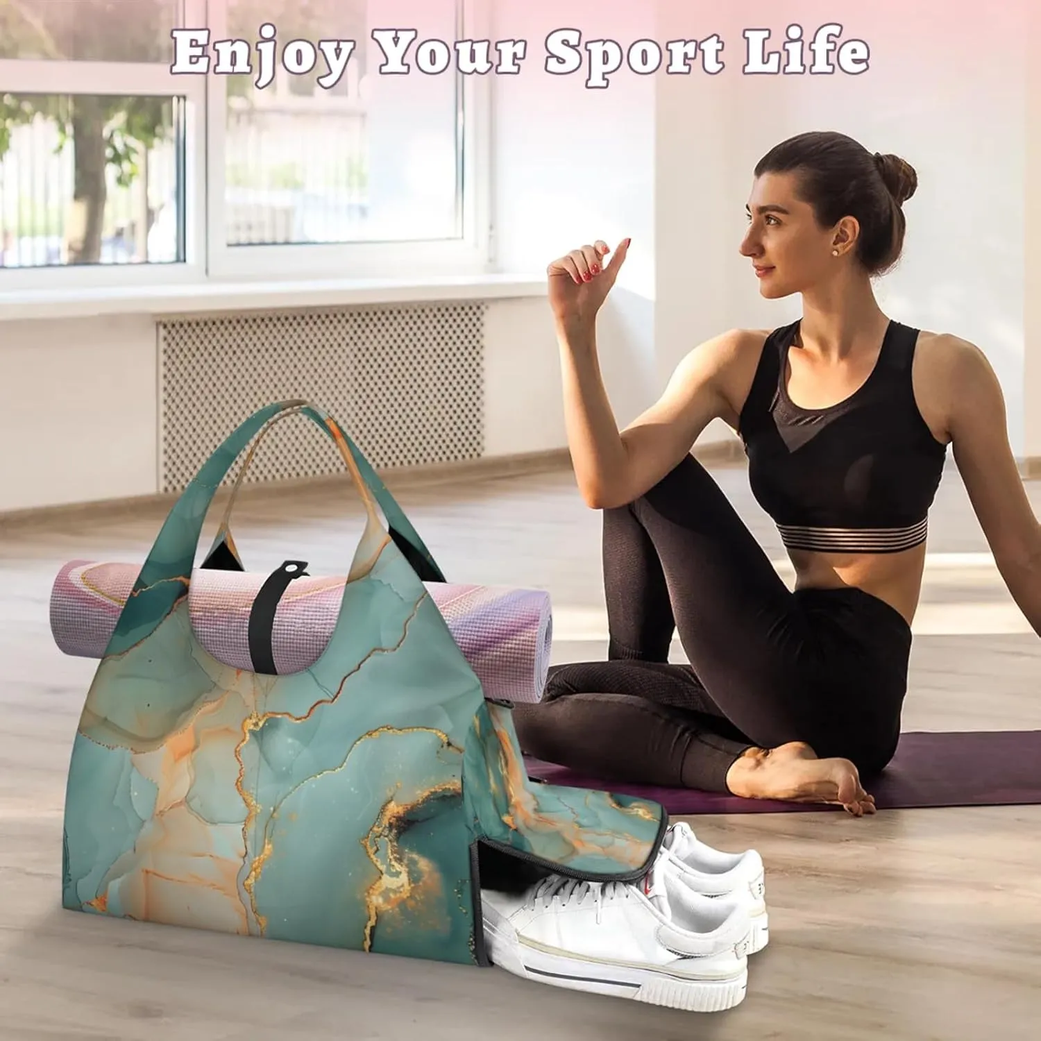 Wallpaper Marble Decor Gym Bag Yoga Mat Tote for Women with Shoes Compartment Lightweight Duffle Travel Carrier Wet Dry Storage Pockets Adjustable Pilates Mats Shoulder Bags for Sport Swim