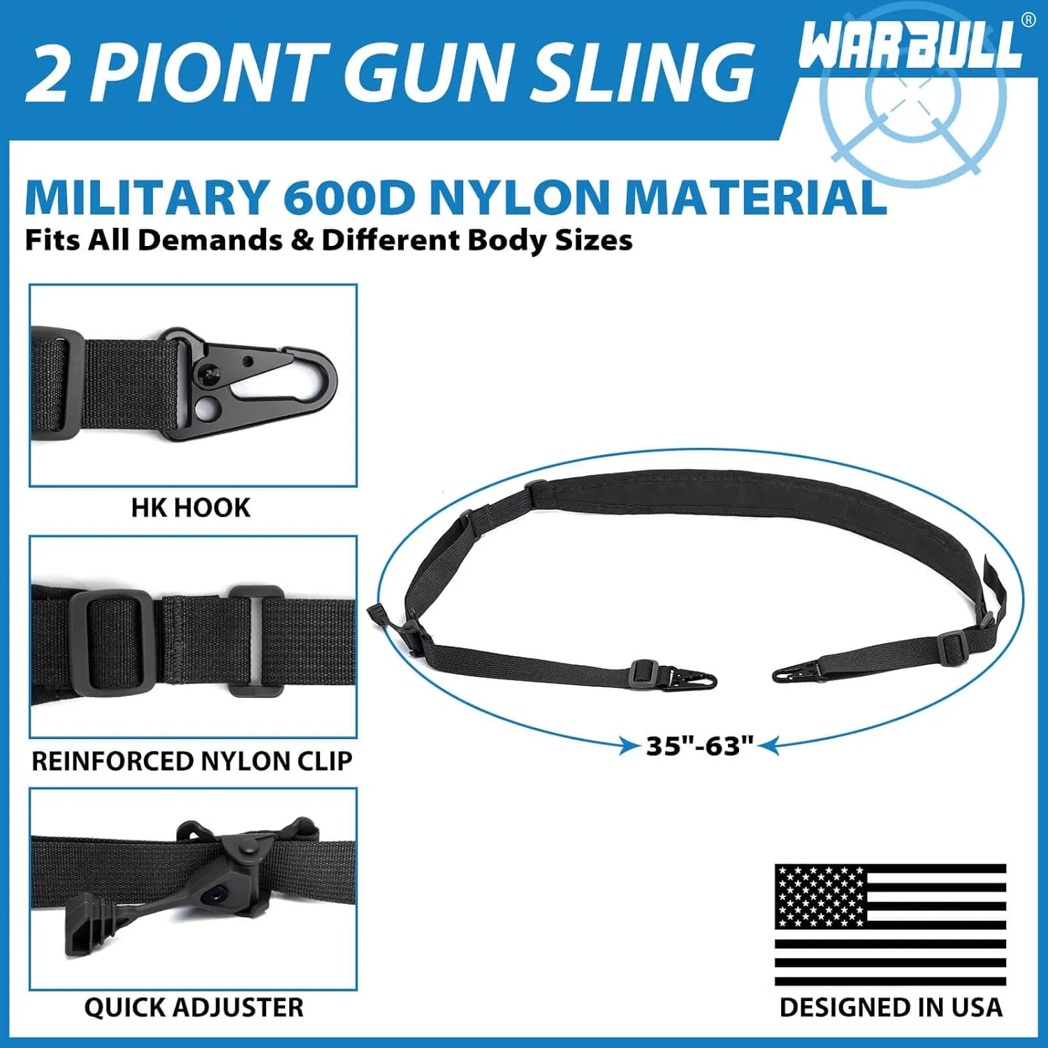 WarBull 2 Point Rifle Sling, QD Swivel Quick Adjust Gun Sling with HK Hook, Soft Shoulder Pad Tactical Rifle Sling for Rifle Shotgun and Crossbow, Hunting and Outdoor Sports with Keychain Gift