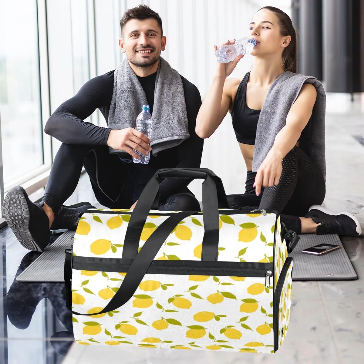 Watercolor Lemon Sports Gym Bag for Women Men Travel Duffel Bag with Wet Pocket & Shoes Compartment Waterproof Weekender Overnight Tote Carry on Bag Lightweight