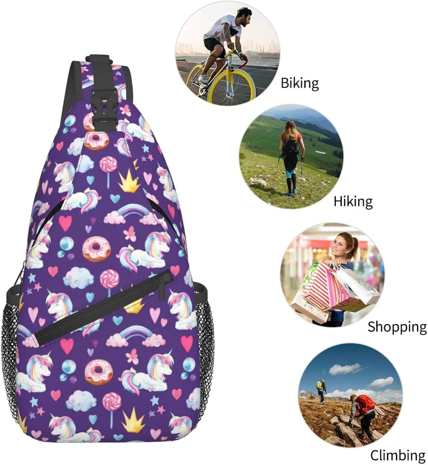 Watercolor Unicorns Rainbow Donut Chest Sling Bag Crossbody Shoulder Backpack Bag Gym Cycling Travel Hiking Daypack Cross Bag